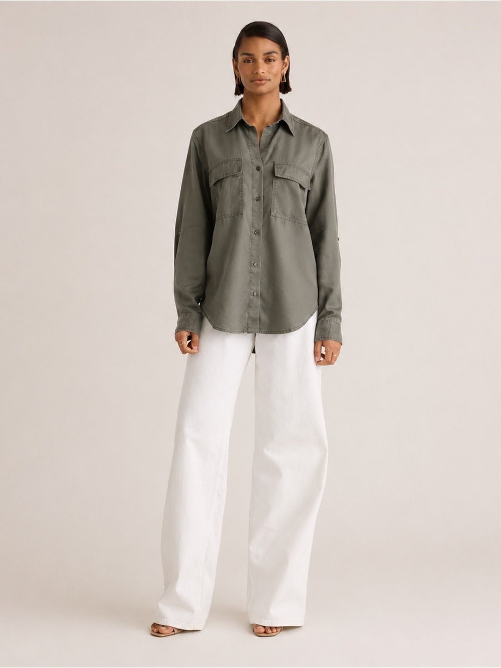 Quince Vintage Wash Tencel Utility Shirt Olive Green Button-Up Size Small - Picture 3 of 11